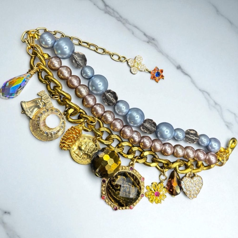 Handmade Vintage Charm Bracelet with Faux Pearls, Coins & Crystal Accents